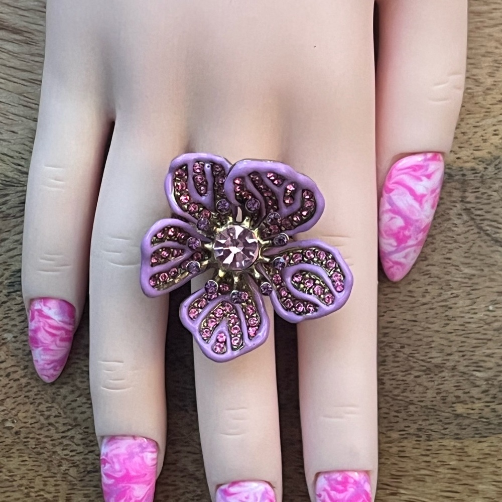 Oscar de la Renta Pink Floral Flower Statement Ring Size 6 Crystal Enamel Resin - Picture 2 of 13